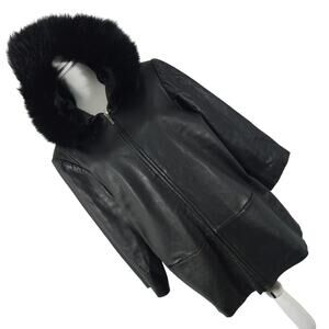ANNE KLEIN! SLEEK FUR TRIMMED BLACK GENUINE LAMB LEATHER JACKET, COAT! SZ L